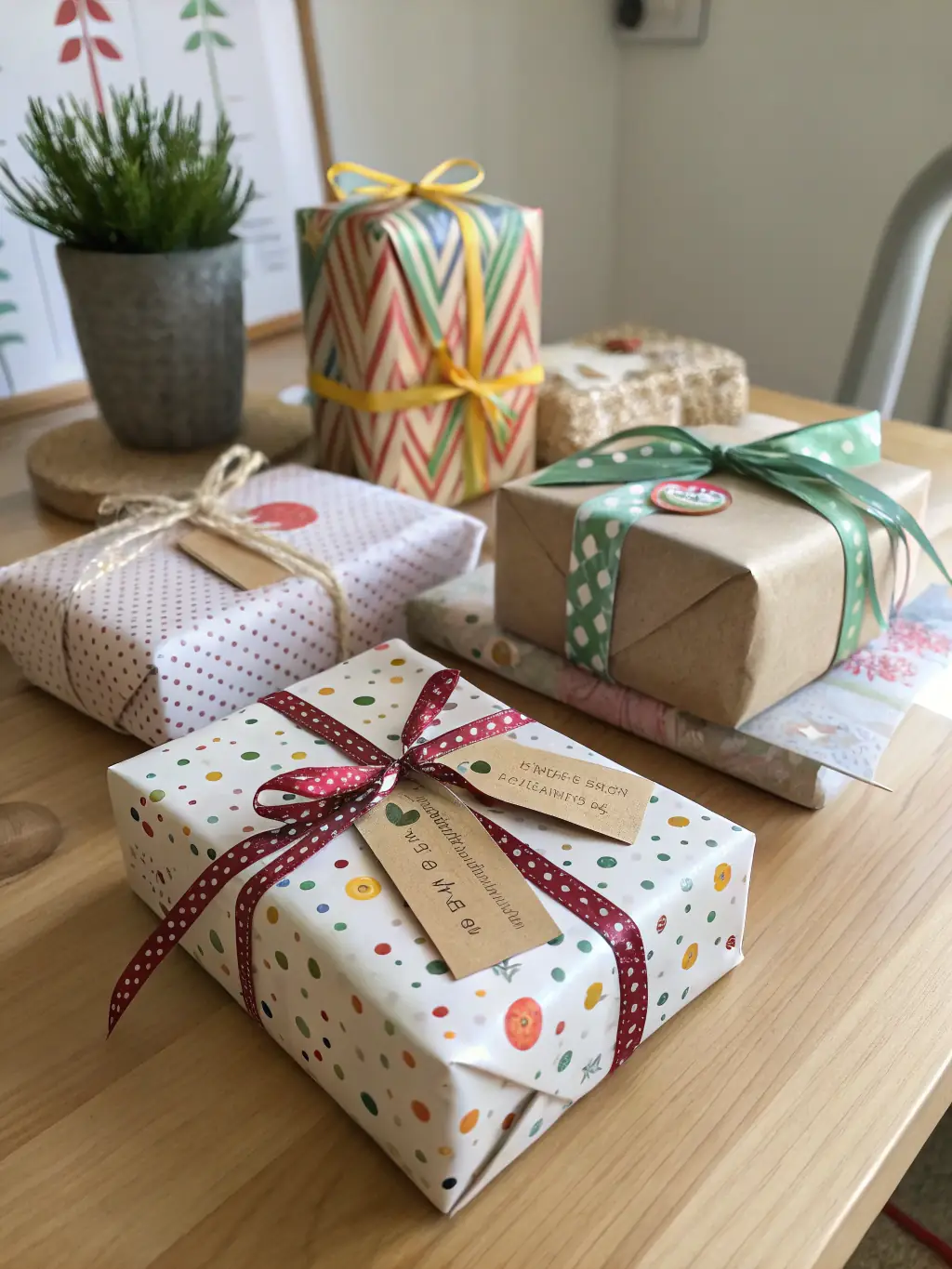 A collection of various gift wrapping accessories, including decorative paper, ribbons, bows, and tags, arranged artfully to showcase the variety available at Globalluxur.