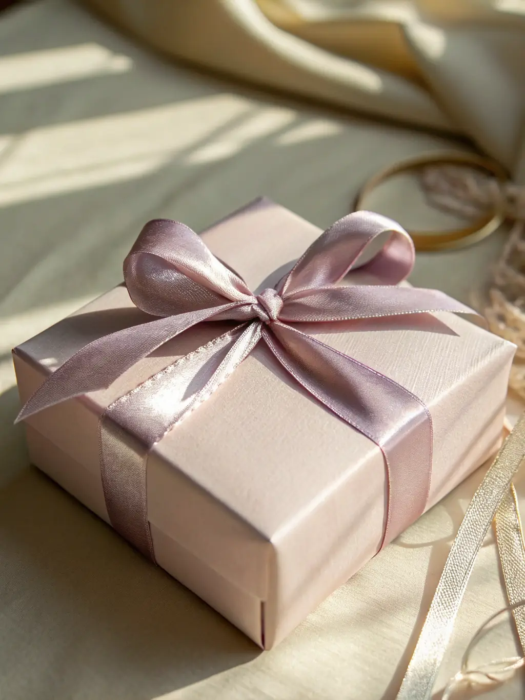 A close-up shot of a meticulously wrapped gift box with a silk ribbon and a personalized gift tag, showcasing Globalluxur's attention to detail in gift presentation.